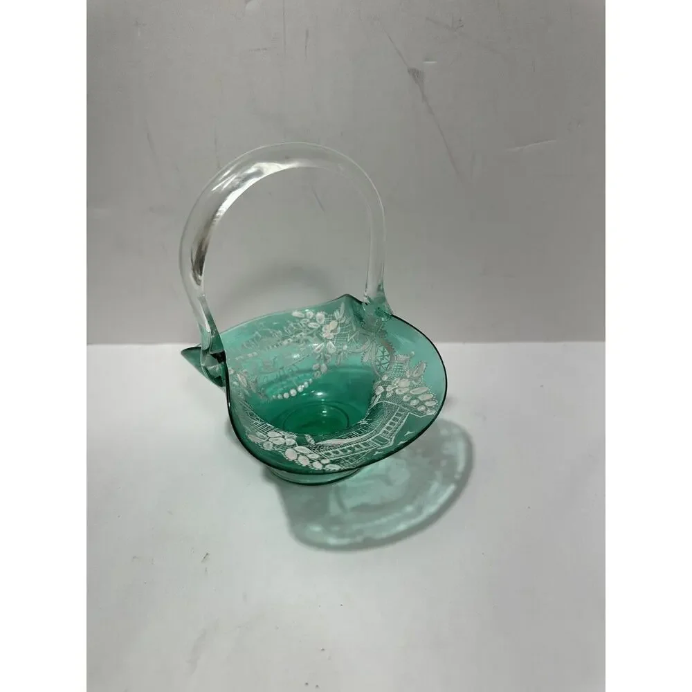 Vintage Murano Moser Etched Scenery Green Blown‎ Art Glass Basket Clear Handle